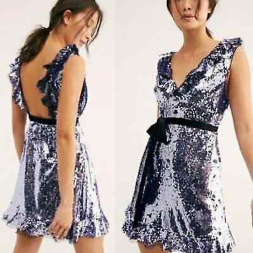 Free People Purple Siren Sequin Ruffle mini dress with attached Black Velvet bow
